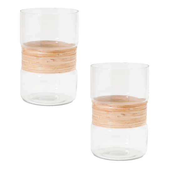 Glass Candle Holder with Bamboo Accent Set